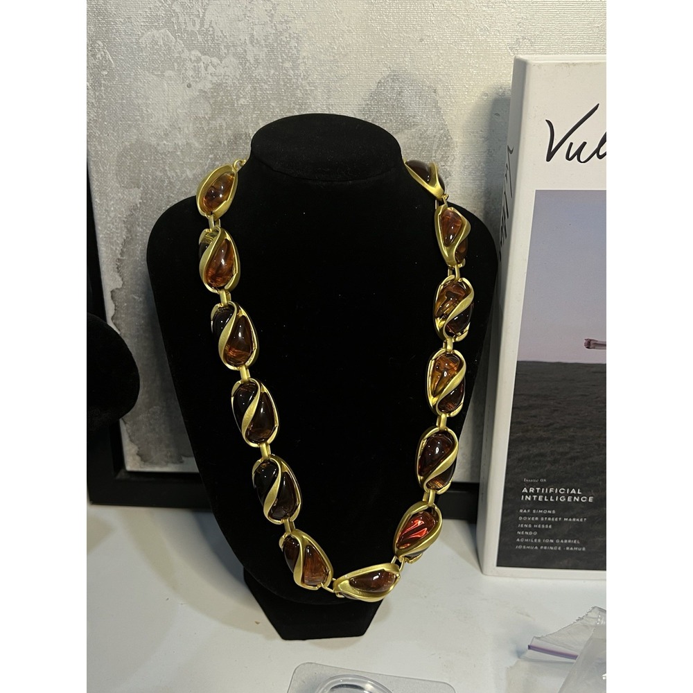 Gold Tone Amber Color Statement Necklace Vintage Inspired Retro Chunky Design